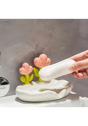 Willowhaven Beyaz Oval Plastik Çiçek Desenli Kendinden Süzülmeli 4 Mevsim Sabunluk Beyaz