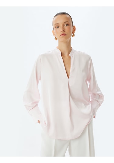 Koton Saten Bluz Hakim Yaka Manşetli Uzun Kollu Pudra 5wak60171uw Pudra