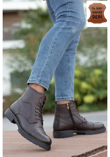 Garantili D4002 Hakiki Deri Soğuk Geçiremez Kışlık Erkek Bot Kahverengi