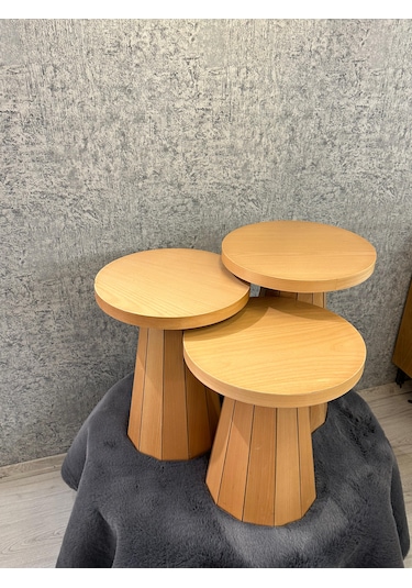 Kayın Kaplamalı Mdf Mantar Sehpa 3 Lü Set