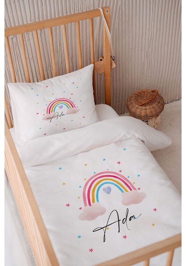 %100 Pamuk Saten Isme Özel Isimli 100x150 Bebek Yatak Nevresim Seti Gökkuşağı