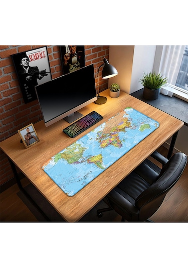 Dünya Haritası Oyun Gaming Klavye Mouse Pad Kaymaz Taban Kenarları Dikişli Su Geçirmez Masa Matı 70x30 Cm