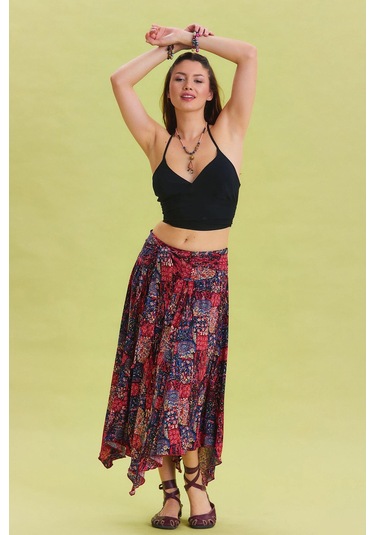 Beli Bağlamalı Salaş Midi Kloş Etek Kırmızı