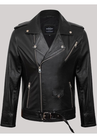 Hakiki Kuzu Derisi Siyah Erkek Deri Mont Kemerli Deri Ceket Siyah