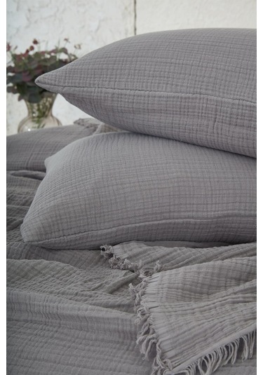 Müslin%100 Pamuk Tek Kişilik Yatak Örtüsü Pike Takımı 4 Katlı Yumuşak Battaniye 2 Parça Antrasit Gri