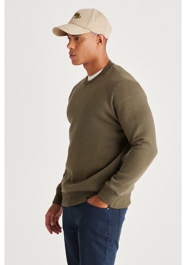 AC&Co / Altınyıldız Classics Erkek Hakı Standart Fit Normal Kesim İçi Polarlı Bisiklet Yaka Sweatshirt Haki