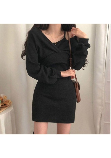 Fransız Mizaç Kayma Elbise + Bluz T-shirt Uzun Kollu Takım Elbise Kadın Ince Düz Renk Elbise Siyah