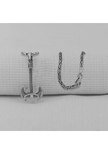 Takılingo 925 Ayar Gümüş Balta Motifli 2 Mm Kral Zincirli Erkek Kolye Gümüş