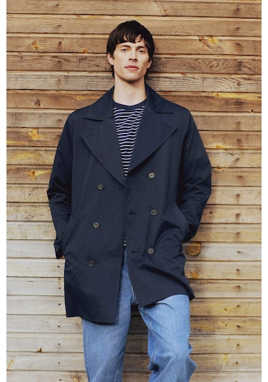 DeFacto Slim Fit Dar Kesim Düğmeli Kemerli Trençkot D5528AX25SPNV253 Lacivert