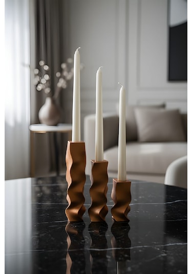 Zigzag Şamdan Ve Mum Seti 3lü Bronz Çok Renkli