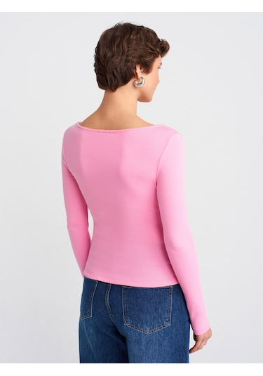 Dilvin 31401 Büzgülü Kayık Yaka Top-pembe Pembe