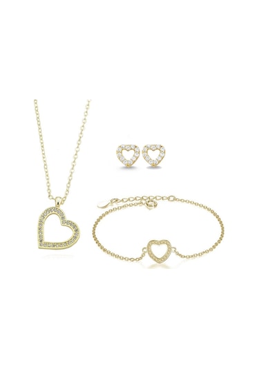 Kadın Kalpli Kolye Küpe Bileklik Set - Saat  Ps0520