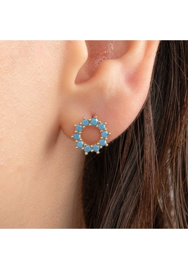 Altın Küpe - 14 Ayar Altın Yuvarlak Firuze Turkuaz Taşlı Küpe Sarı