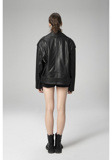 Siyah Dericlub Wm031 Jumbo Oversize Biker Gerçek Deri Unisex Mont