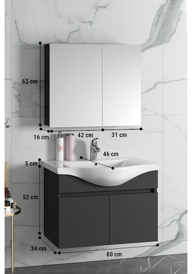 Yıldız 80 Cm Antrasit Gri Mdf Lavabolu Asma Banyo Dolabı Takımı Antrasit - Gri