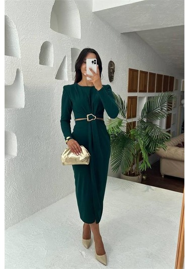 Neşeli Butik Kadın Bel Dekolteli Toka Detaylı Uzun Kollu Elbise Nbmy3655 Yeşil