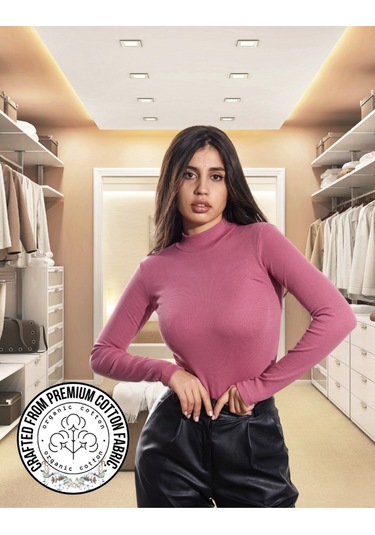 Kaşkorse Yarım Boğaz Body Sweatshirt, Fitilli Kumaş, Likralı, Bordo Gül Kurusu