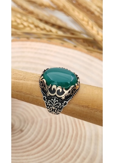 Gümüş Erkek Yüzük Yeşil Akik Taşlı