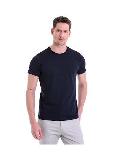 Hatemoğlu Regular Fit Pamuk Bisiklet Yaka Düz Erkek Tişört Lacivert