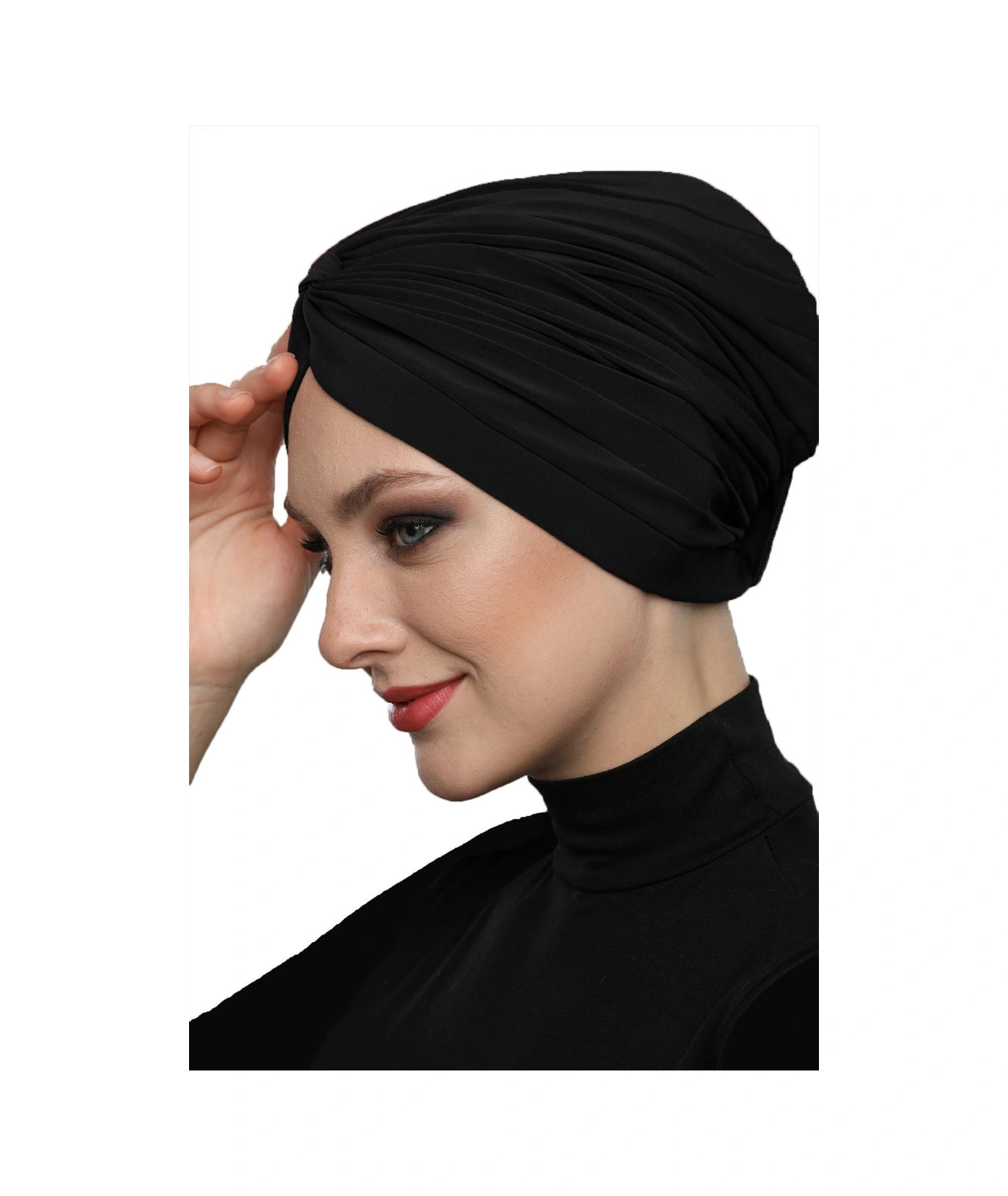 Çapraz Bantlı Siyah Hazır Türban Tesettür Havuz Bonesi Siyah