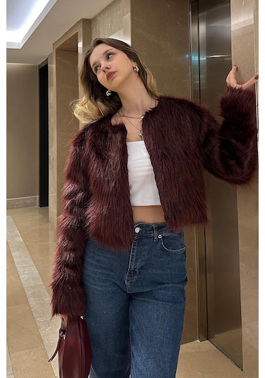 Madmext Bordo Bisiklet Yaka Kadın Suni Kürk Mont Mg2176 Bordo