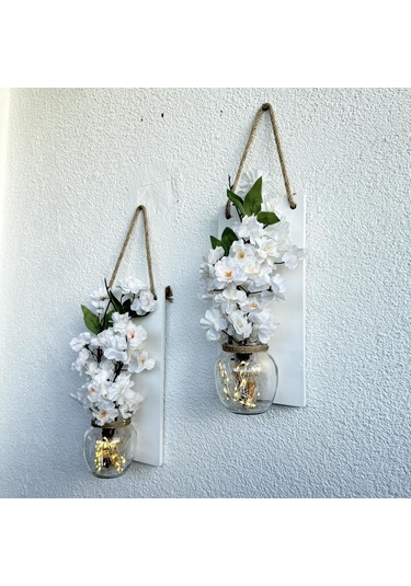 Led Işıklı, Lüx Beyaz Bahardalı Çiçekli Duvar Dekoru Beyaz İkili Set Beyaz