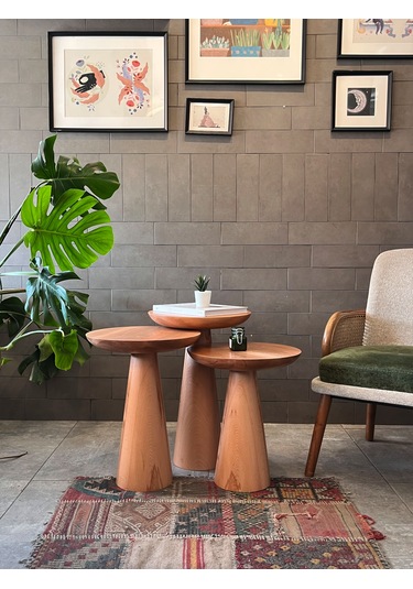 3'lü Zigon Mantar Sehpa Mushroom Masif Ahşap Modern Yan Sehpa Takımı Siyah