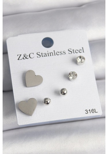 316l Çelik Gümüş Renk Zirkon Taşlı Kalpli Kadın Küpe Seti Çok Renkli