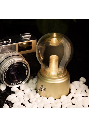 Cbtx Retro Ampul Şekli Başucu Masaüstü Led Lamba Şarj Edilebilir Abs + Cam Gece Lambası - Altın