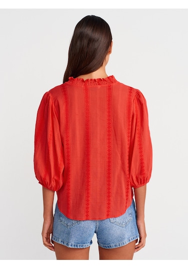 Dilvin 5807 Nervür Detaylı Balon Kol Gömlek-Açık Kırmızı
