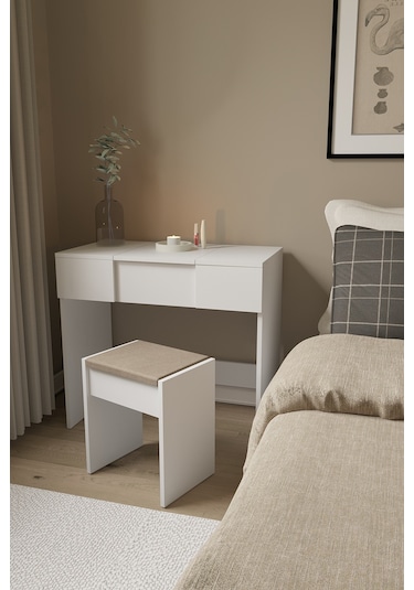 Anka Çekmeceli Aynalı Makyaj Masası Beyaz Beyaz