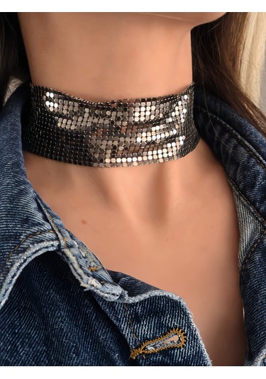 Arpa Pul Payet Zırh Metal Geniş Model Antrasit Choker Kolye Antrasit Çok Renkli