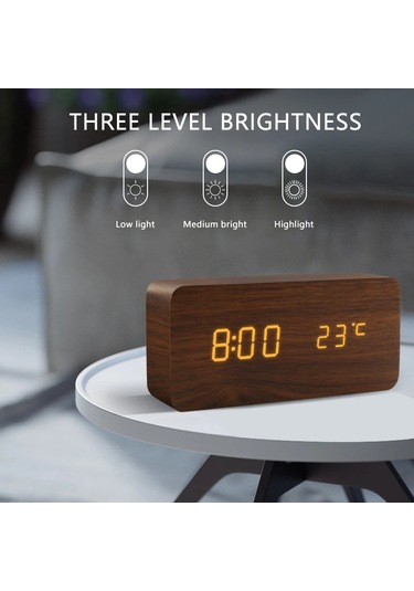 Çalar Saat Led Ahşap Saat Masası Ses Kontrolü Dijital Ahşap Umut White