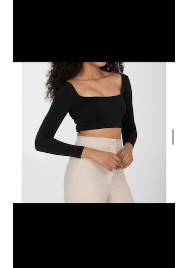 River Island Kadın Siyah Uzun Kollu Kare Yaka Crop Bluz Siyah