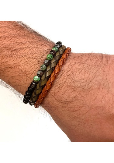 %100 Deri&hematit 3lü Erkek Bileklik Set 21 Cm Türk El Üretimi