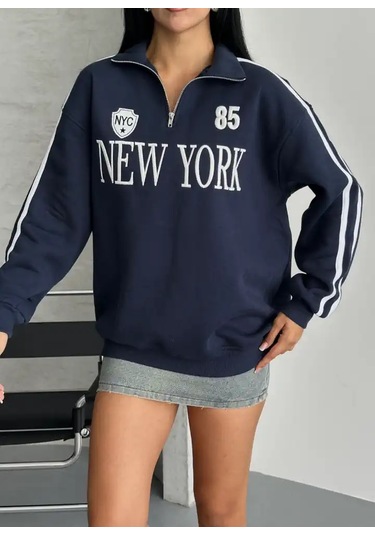 Yarım Fermuarlı Newyork Yazılı Sweat Lacivert