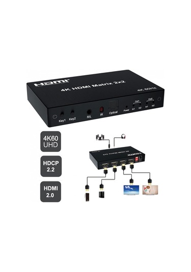 2x2 Hdmı Matrix 4k 60hz Değiştirici 2 İn 2 Out Optik & R/l Ses Çıkışı
