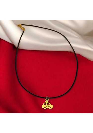 Pelin İsmine Özel Araba Figürlü 14 Ayar Altın Plakalı Siyah Bağlıklı Hediyelik Kolye-630isim Pelin