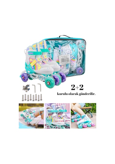 Unicorn Işıklı Paten Kask Koruma Seti 2+2 Gökkuşağı Kız Çocuk Pateni Silikon Teker,taşıma Çantalı 3