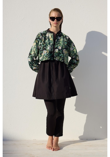 Manuka Rüzgarlıklı 3'lü Tesettür Mayo Takımı Yaprak Çok Renkli