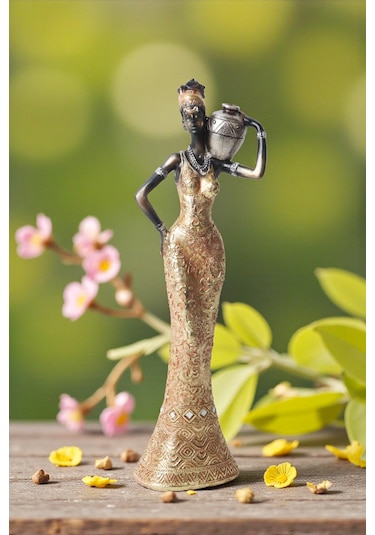 Lüks İşlemeli Geleneksel Yerel Kıyafetli Afrikalı Kadın Heykeli Dekoratif Biblo Ev Ofis Hediyesi Md2