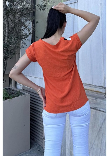 Kadın Kiremit V Yaka, Kısa Kol, Color Block Detaylı Salaş Airobin Bluz Kiremit