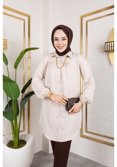 Nevayla Moda Önü Büzgülü Bilek Lastikli Tunik - Bej / Ü104 Bej