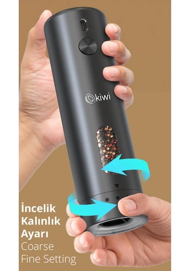 Kiwi Kspg-4851 Şarjlı Tuz Karabiber Değirmeni Otomatik Baharat Öğütücü Siyah