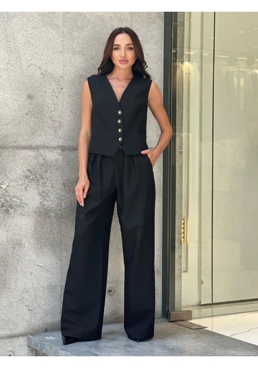 Trend Kadın Önü Düğme Kapamalı Arkası Leopar Desenli Bol Pantolon İkili Takım Siyah