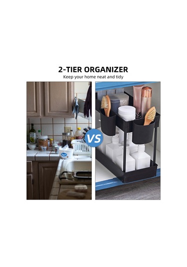 Singree 2 Katlı Lavabo Altı Organizatör - Paslanmaz Çelik Ayaklı, 2 Bardaklık İle Pratik Depolama Çözümü Siyah