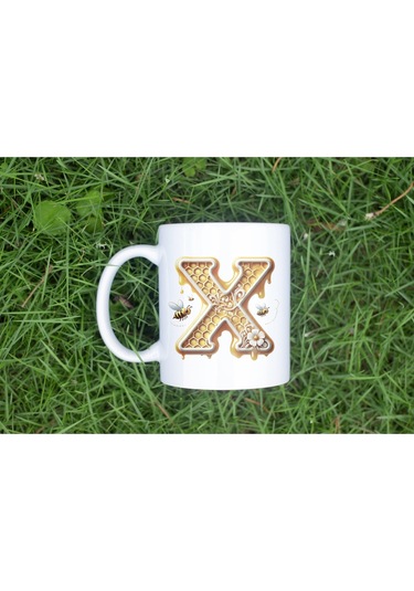 X Harfi Bal Arısı Tasarım Kupa Bardak - Bal Ve Petek Desenli Kişiye Özel Kahve Kupası - Hediyelik Beyaz