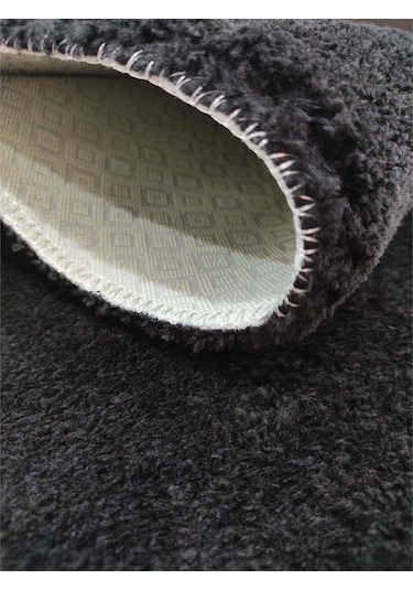 Siyah Fluffy Oval Post Peluş Halı Antibakteriyel Kaymaz Taban