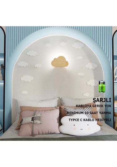 Simaavize Çocuk Şarjlı Aplik/gece Lambası - Gün Işığı Bulut Ahşap