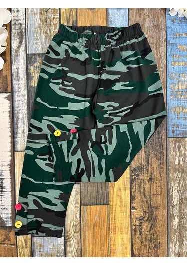 Kız Çocuk Tayt/ Kamuflaj Kapri Tayt/ Düğme Detaylı /kapri Yeşil